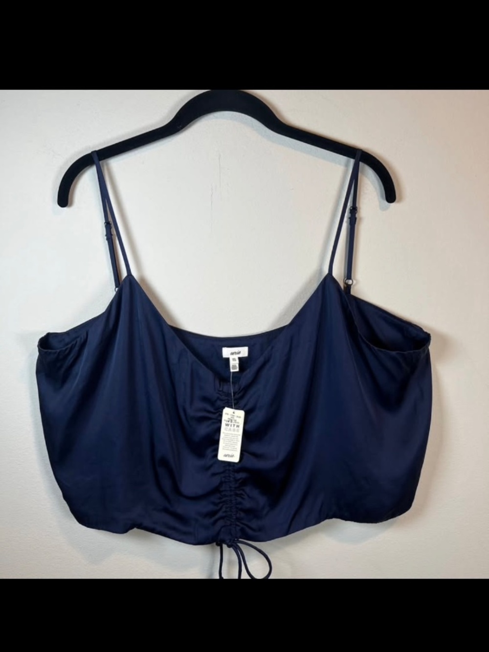 Aerie Satin Cinched Front Crop Tank Top Shirt Navy Blue V-Neck Strappy NEW XXL - Picture 2 of 10